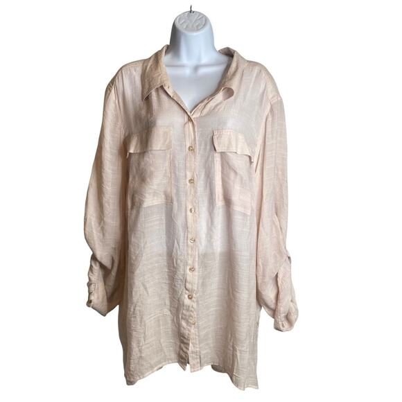 Spense Women's Pale Pink Button Up Blouse Size 3X Roll Tab Sleeves Flowy Coastal - Picture 1 of 13